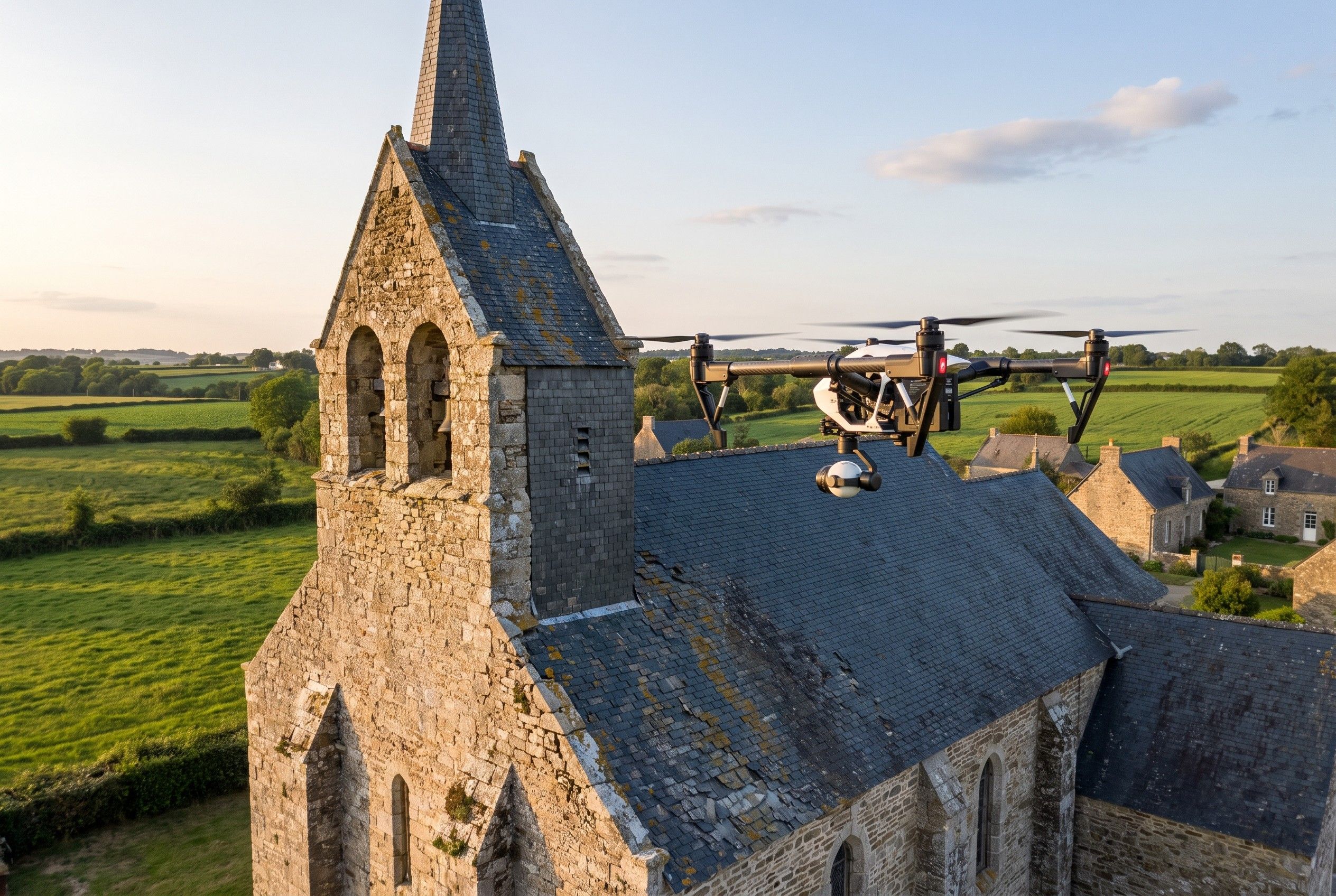 Image d'illustration : drone inspectant le clocher en pierre d'une église de village