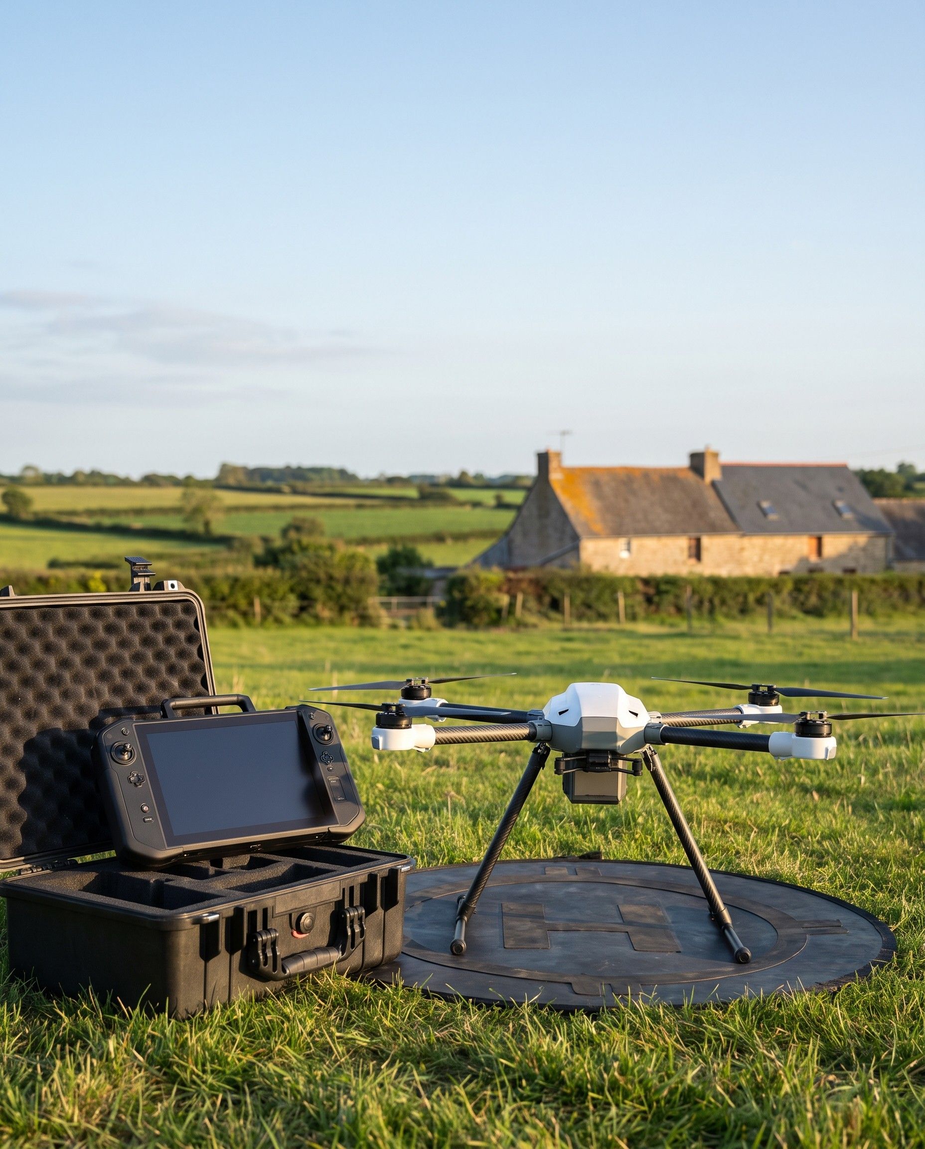 Image d'illustration : drone professionnel posé sur sa plateforme, à côté de sa valise de transport, en bordure d'un champ
