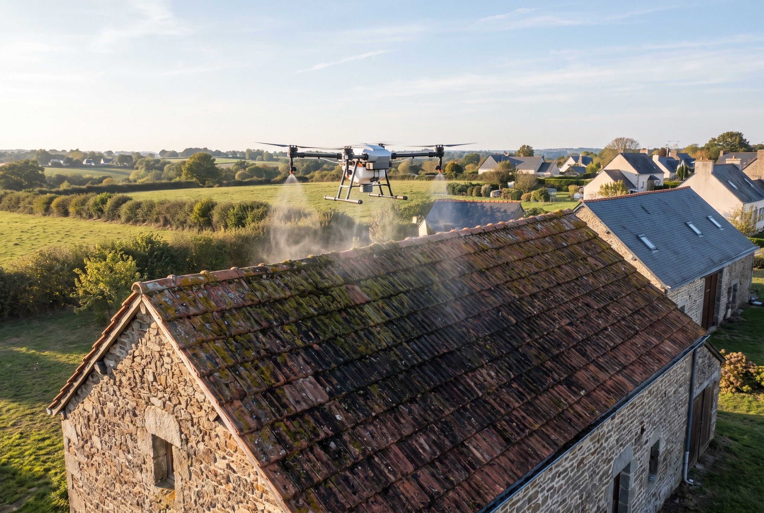Image d'illustration : drone pulvérisant un traitement sur une toiture en tuiles couverte de mousse