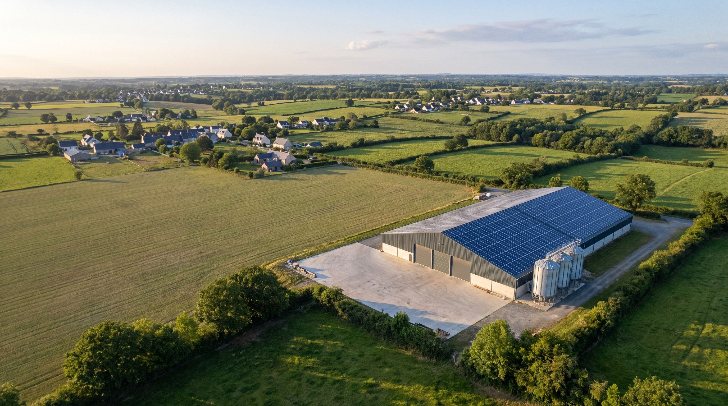 Image d'illustration : vue aérienne d'un hangar agricole couvert de panneaux solaires, dans le bocage des Mauges