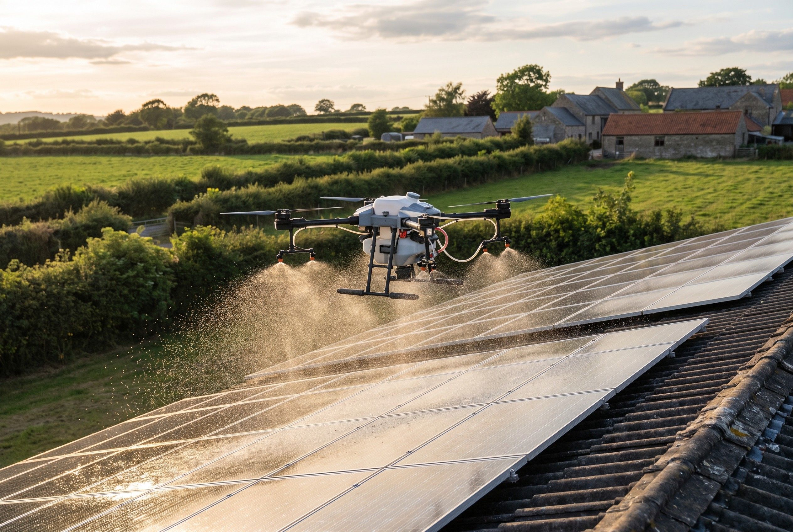Image d'illustration : drone rinçant les panneaux solaires d'un bâtiment agricole
