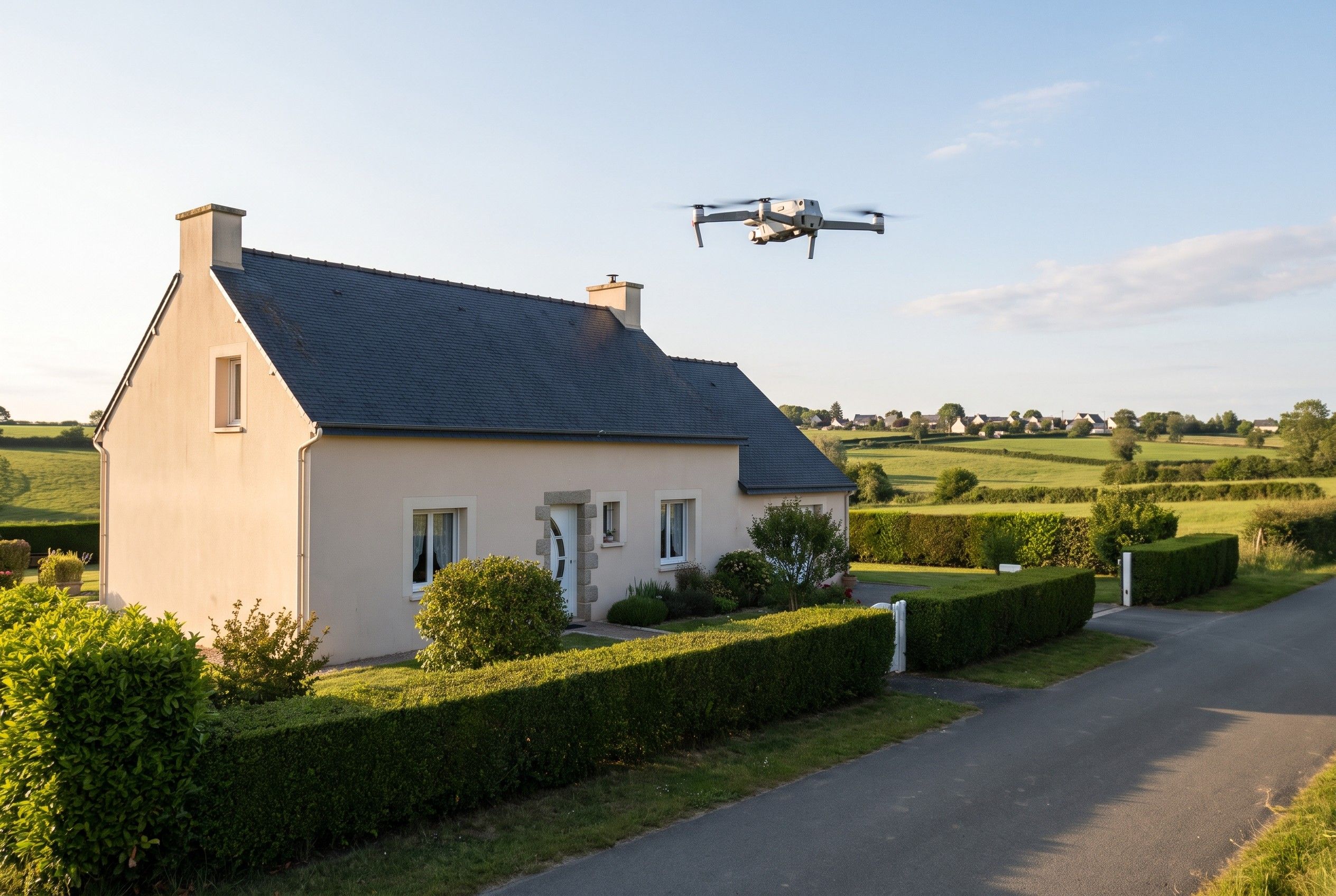 Image d'illustration : drone au-dessus du toit d'une maison des Mauges
