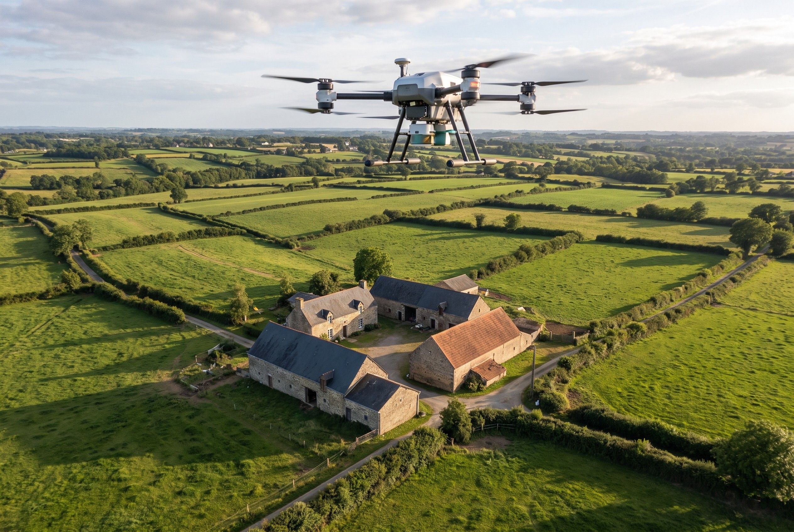 Image d'illustration : drone de relevé survolant une ferme et son parcellaire bocager
