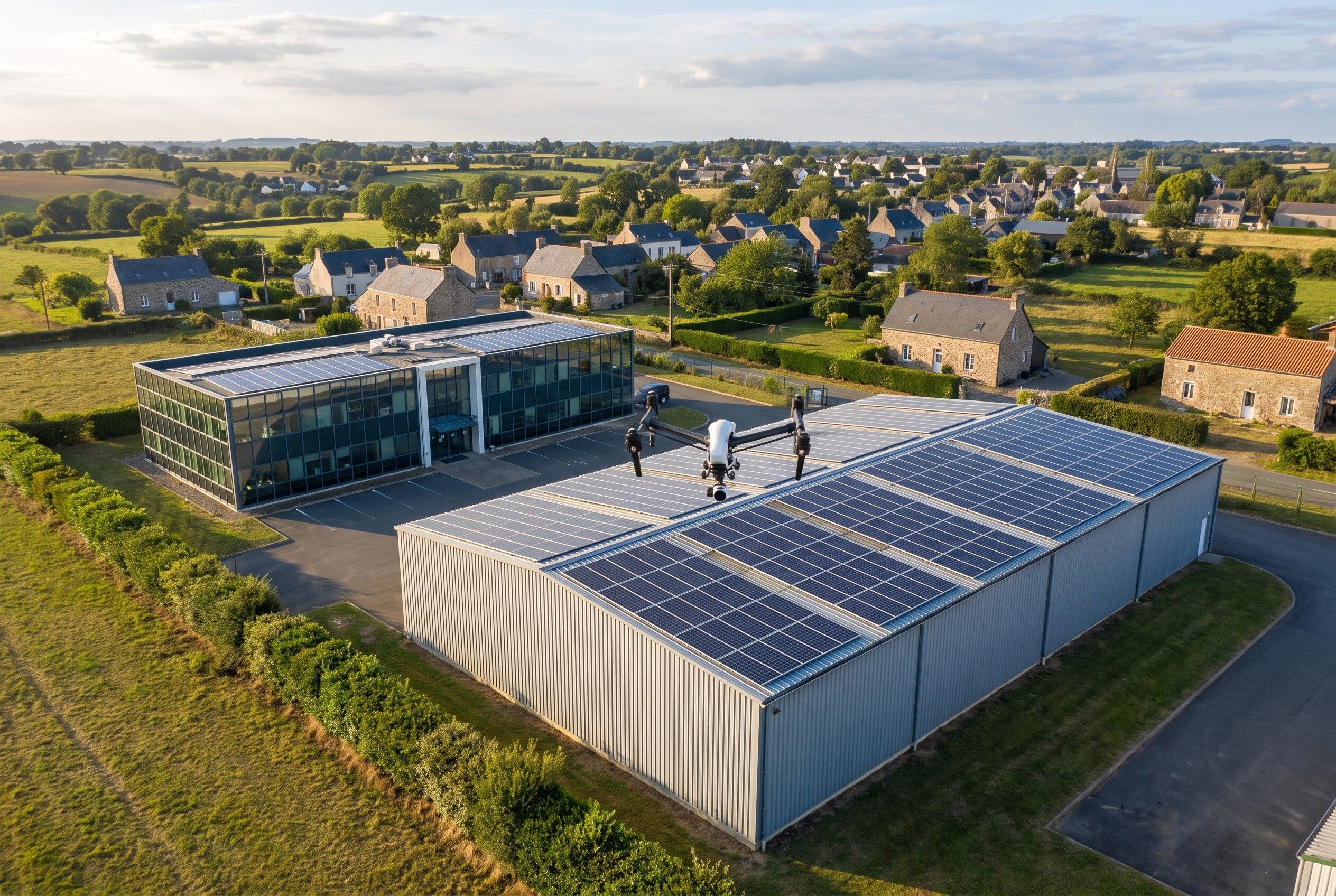 Image d'illustration : drone au-dessus d'un bâtiment d'activité à toiture photovoltaïque